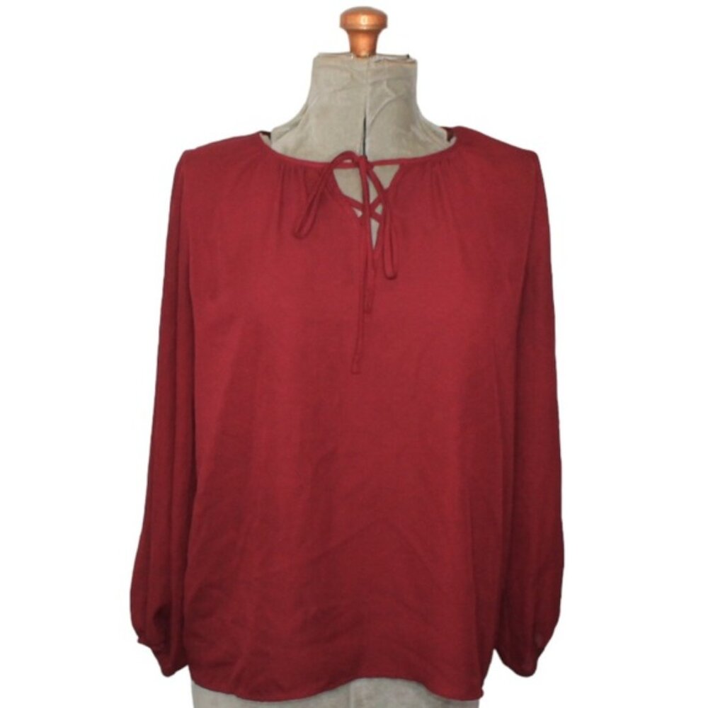 30 Anthropologie Pleione Red Long Sleeve Chiffon Blouse Size Small